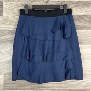 BCBGMAXAZRIA Skirt Womens 0 Blue Tiered Ruffle Rayon Blend Lined‎ Pockets Zip